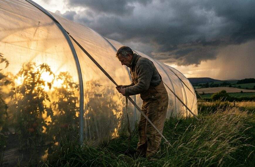 Wide shot of a determined gardener in rustic workwear reinforcing a large translucent polytunnel against an approaching storm during golden hour