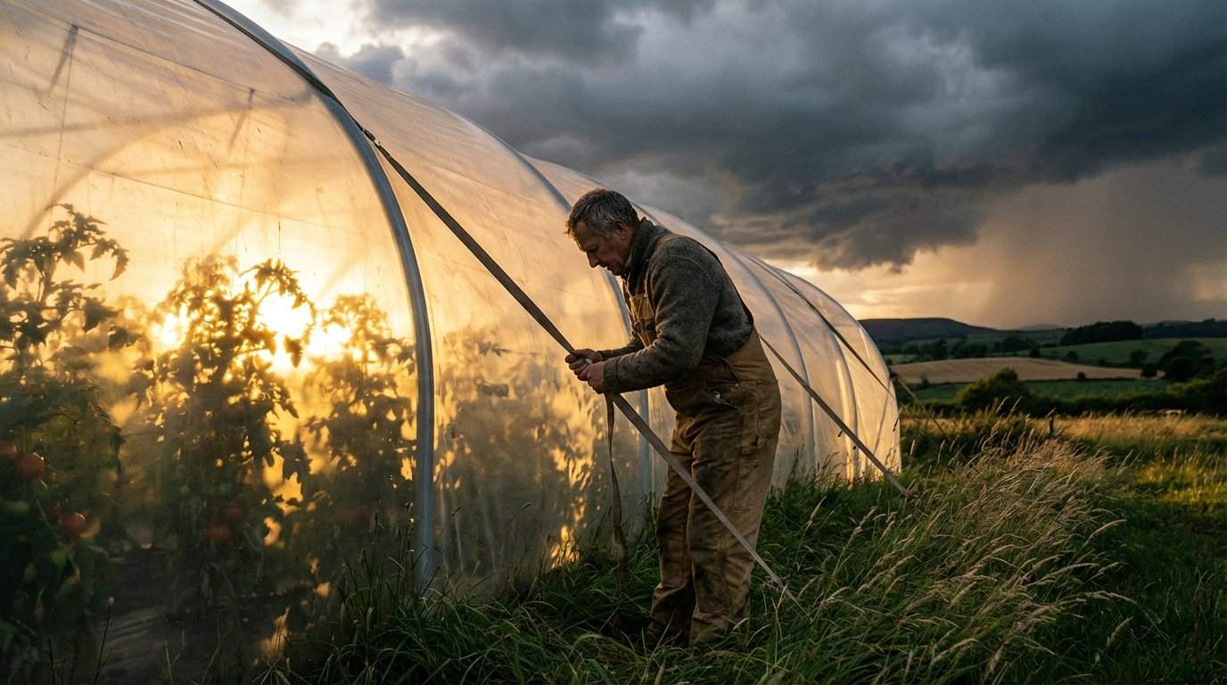 Wide shot of a determined gardener in rustic workwear reinforcing a large translucent polytunnel against an approaching storm during golden hour