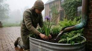 A wide photojournalistic shot capturing a focused urban gardener on a wet brick patio