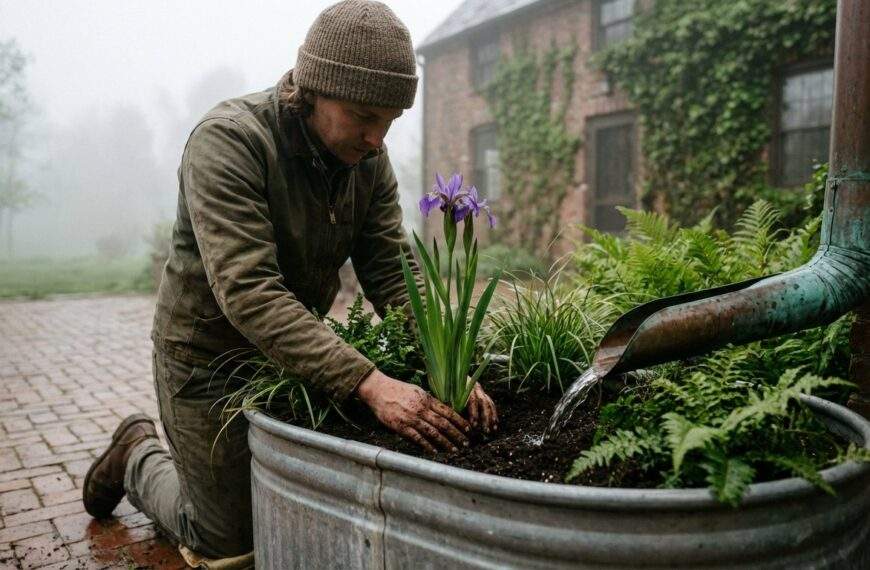 A wide photojournalistic shot capturing a focused urban gardener on a wet brick patio